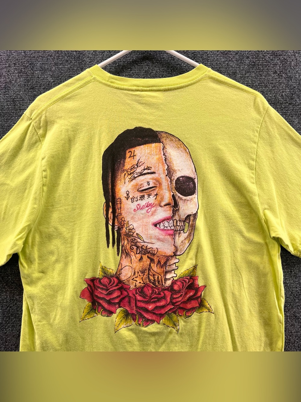 Lil Skies Rose Half Face T-Shirt Lime Green/Yellow Large Rap Streetwear Official